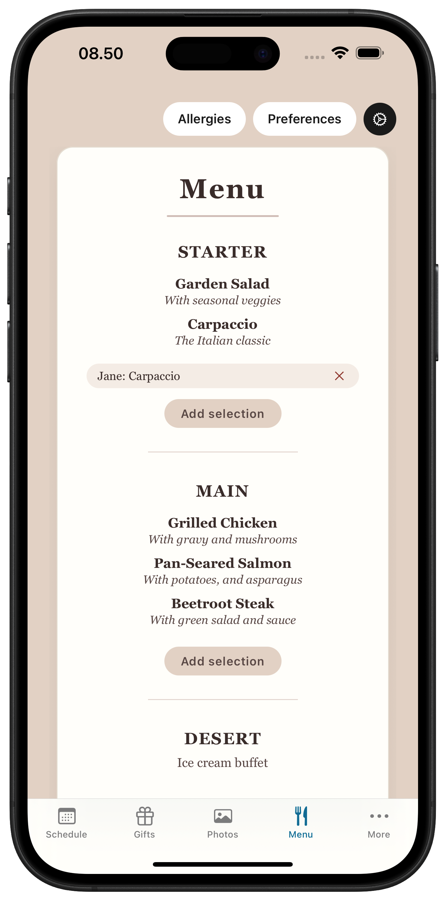 Menu with dietary preferences